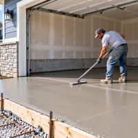 Concrete contractor smoothing a freshly poured garage slab during installation at a residential home in Racine, Wisconsin.