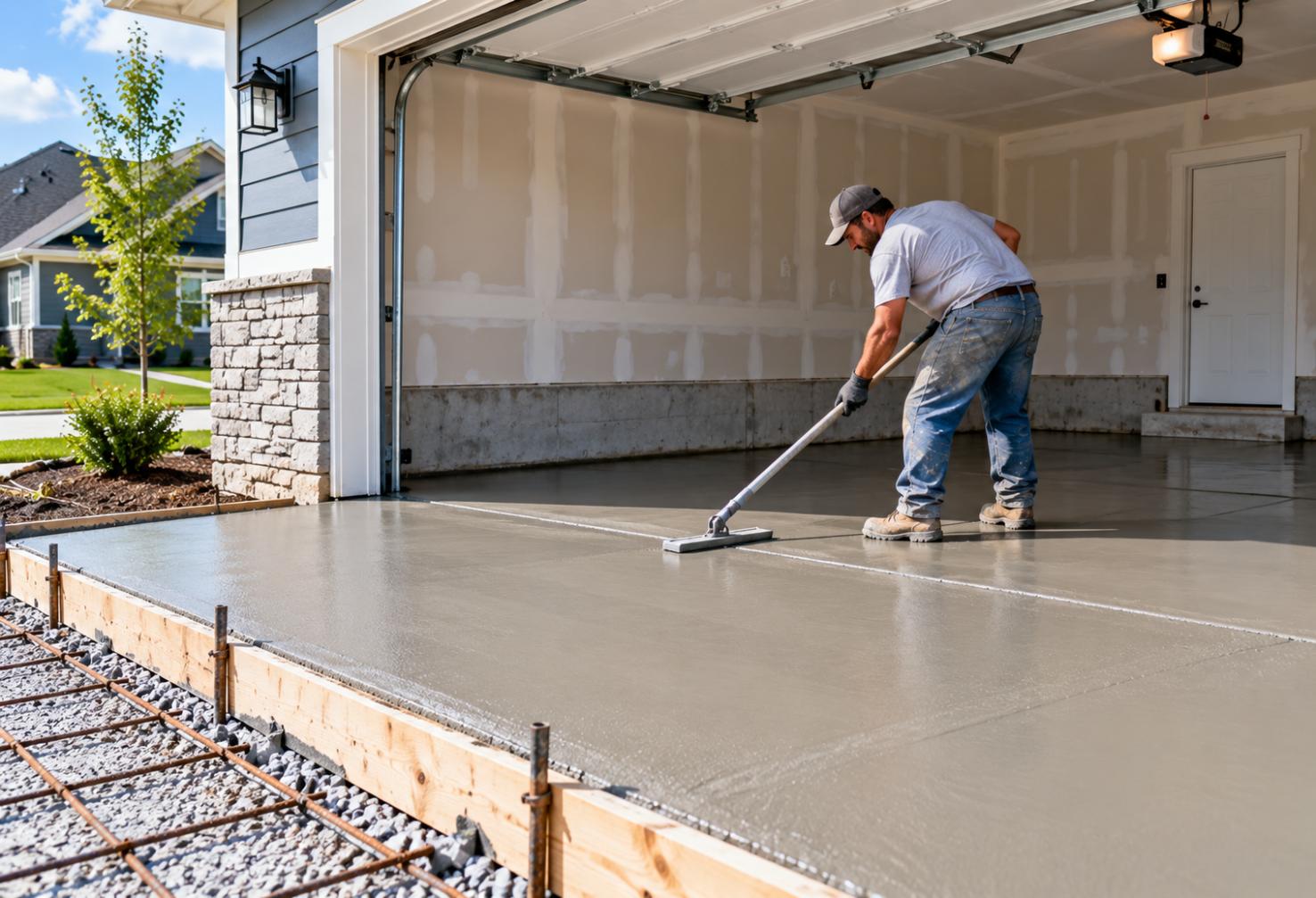 Concrete contractor smoothing a freshly poured garage slab during installation at a residential home in Racine, Wisconsin.